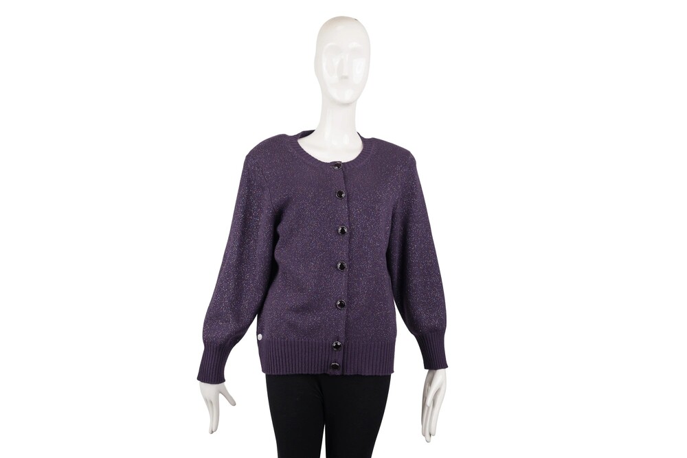 Chanel Purple Multicolor Back Geometric Cardigan Metallic Lurex Knit Size 44